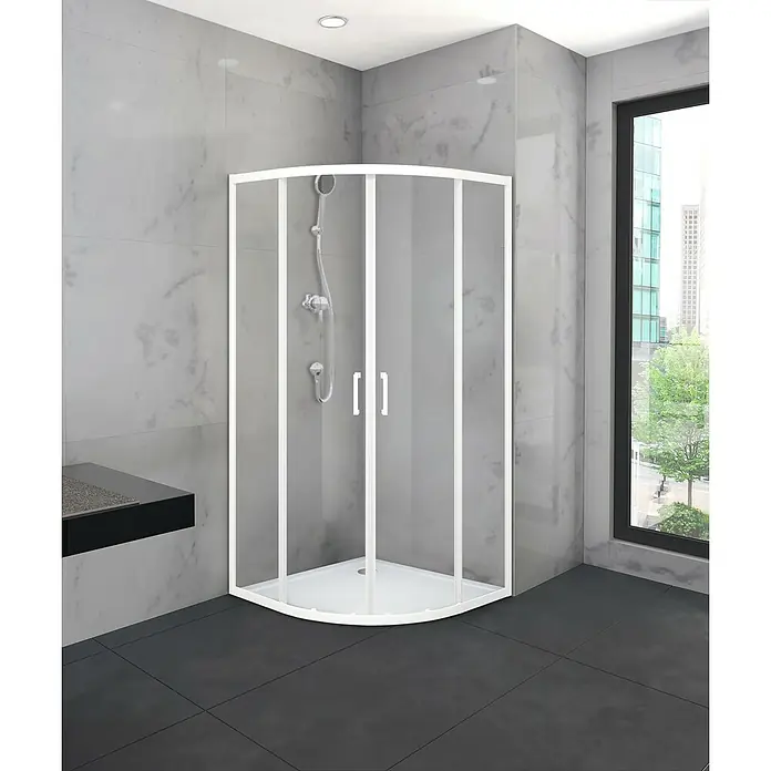 Aurlane Runddusche Factory - 90 x 90 x 200 cm, Pulverbeschichtet, Weiß - Eckduschkabine mit weißem Rahmen, Klarglastüren und weißer Duschwanne in einem modernen gefliesten Bad.