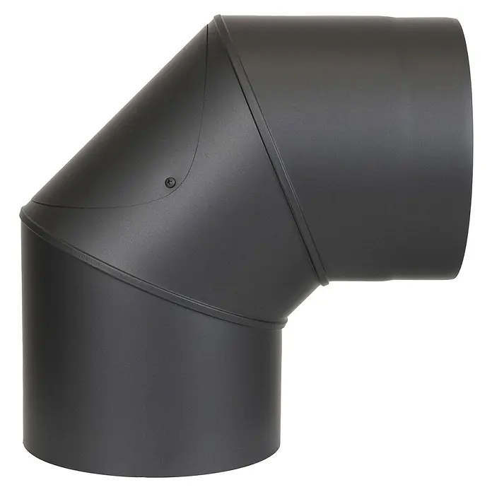 Ofenrohrbogen - Durchmesser: 150 mm, 90 °, Schwarz, Mit Reinigungsöffnung - Mattschwarzer 90-Grad-Ofenrohrbogen mit Verbindungsnähten und Schraube.