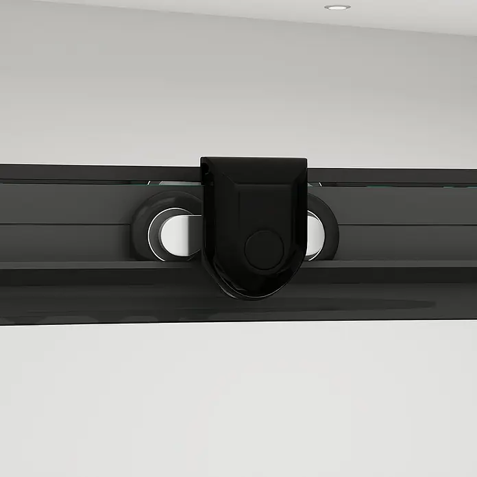 Aurlane Runddusche Factory - 90 x 90 x 200 cm, Pulverbeschichtet, Schwarz - Glänzender schwarzer Schiebetürmechanismus mit weiß umrandeten Rollen.