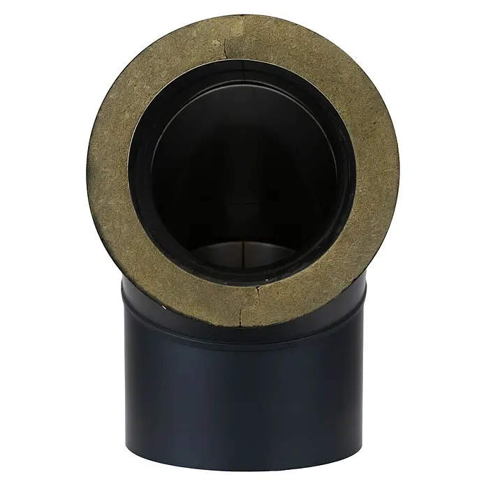 Ofenrohrbogen - Durchmesser: 150 mm, 90 °, Senotherm lackiert, Schwarz - Schwarzes isoliertes Rohrbogenstück, von vorne gesehen mit brauner Isolierschicht und schwarzem Innenraum.