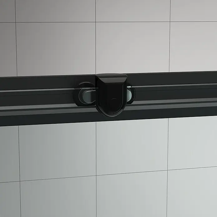 Aurlane Eckdusche Factory - 120 x 80 x 200 cm, Beschichtet, Glasstärke: 6 mm, DIN Anschlag: Links/Rechts - Schwarzer Duschkabinentürgriff mit integrierten Rollen auf dunkler Schiene.