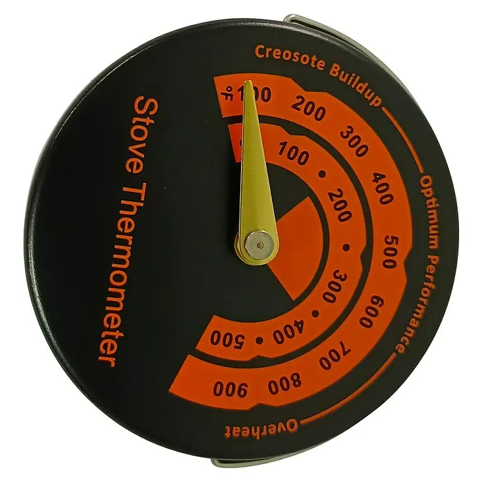 Thermometer - Durchmesser: 6 cm, Betriebstemperatur: 0 °C - 500 °C - Rundes schwarzes Ofenthermometer mit orangefarbenem Zifferblatt für Kreosotablagerungen, optimale Leistung und Überhitzungsbereiche, mit goldenem Zeiger.