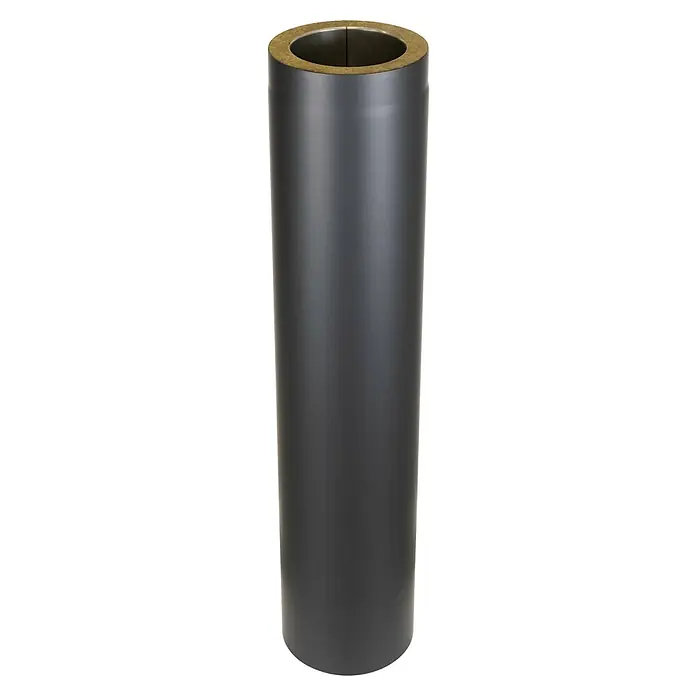 Ofenrohr - Ø x L: 150 x 1.000 mm, Senotherm lackiert, Schwarz - Dunkelgraues isoliertes Ofenrohrsegment mit goldbrauner Steinwollisolierung an der Öffnung.