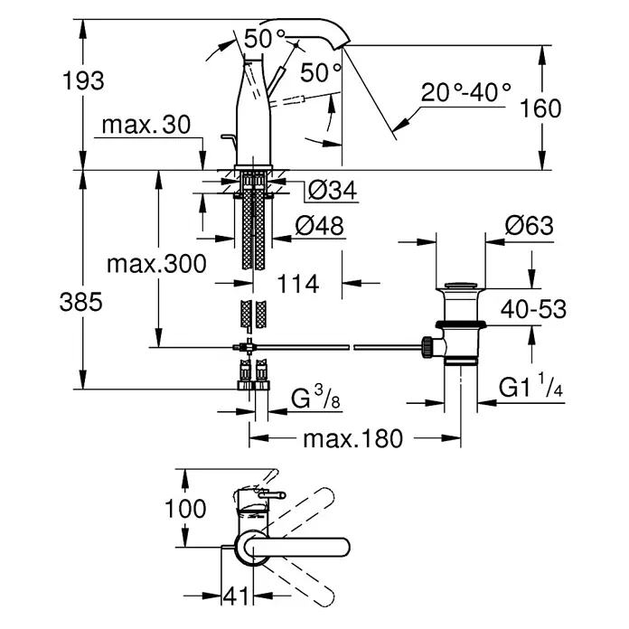 Grohe Essence New Grifo de lavabo - Con varilla de tracción, Cromo, Resplandeciente - Dibujo técnico de un grifo de lavabo con dimensiones de instalación, conexiones de agua y control de desagüe.