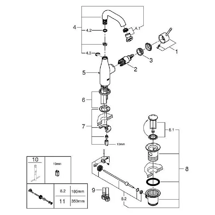 Grohe Essence New Grifo de lavabo - Con varilla de tracción, Cromo, Resplandeciente - Diagrama explosionado de un grifo de cocina con sus componentes y un conjunto de desagüe de fregadero.