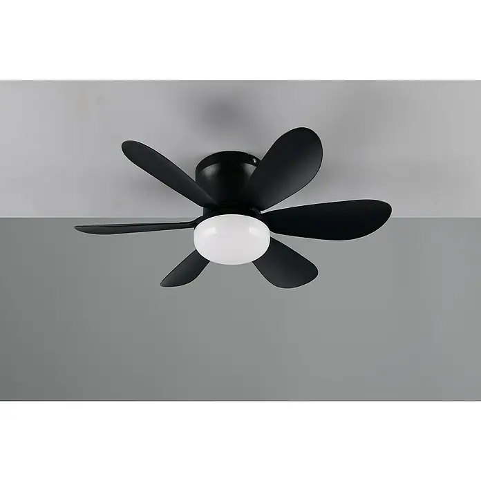 Trio Lighting Ventilador de techo Lund - Negro, 53 cm, 12 W, Blanco cálido - Ventilador de techo con cinco aspas en negro y luz redonda blanca en el centro para un diseño de habitación moderno.