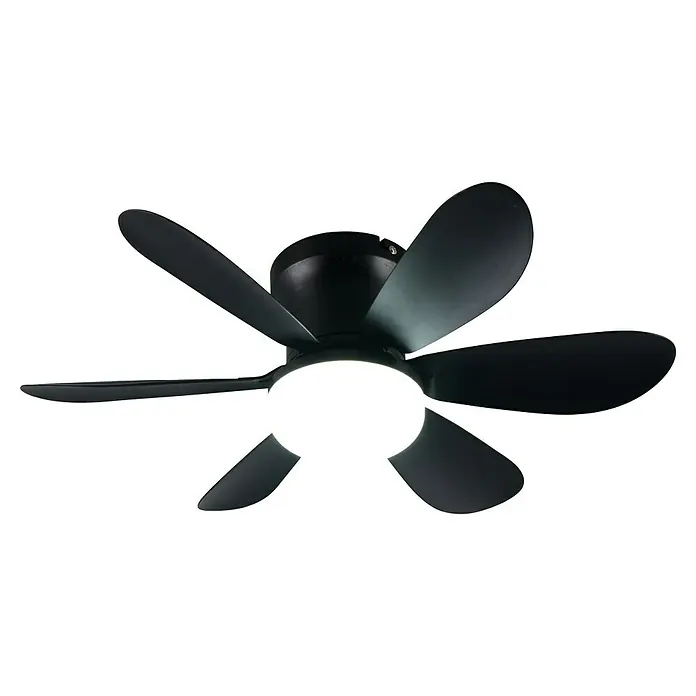 Trio Lighting Ventilador de techo Lund - Negro, 53 cm, 12 W, Blanco cálido - Primer plano de un ventilador de techo con cinco aspas negras y una luz redonda iluminada en el centro sobre un fondo negro.