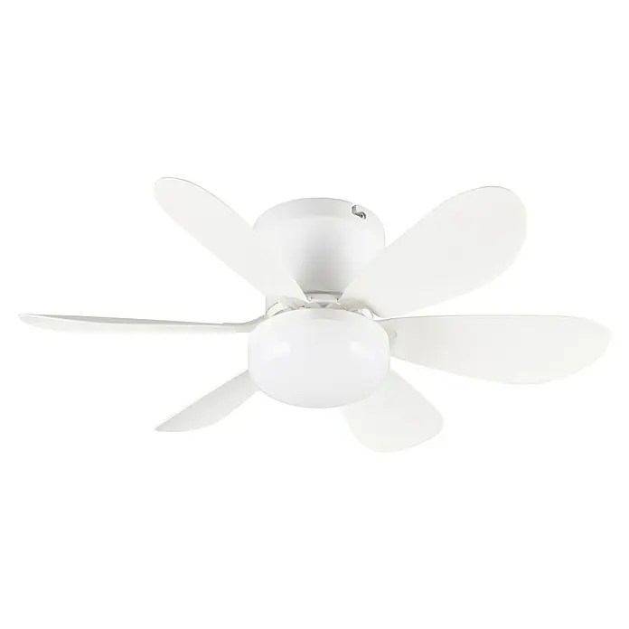 Trio Lighting Ventilador de techo Lund - Blanco, 53 cm, 12 W, Blanco cálido - Primer plano de un ventilador de techo blanco con cinco aspas y una bombilla en el centro, sobre un fondo negro.