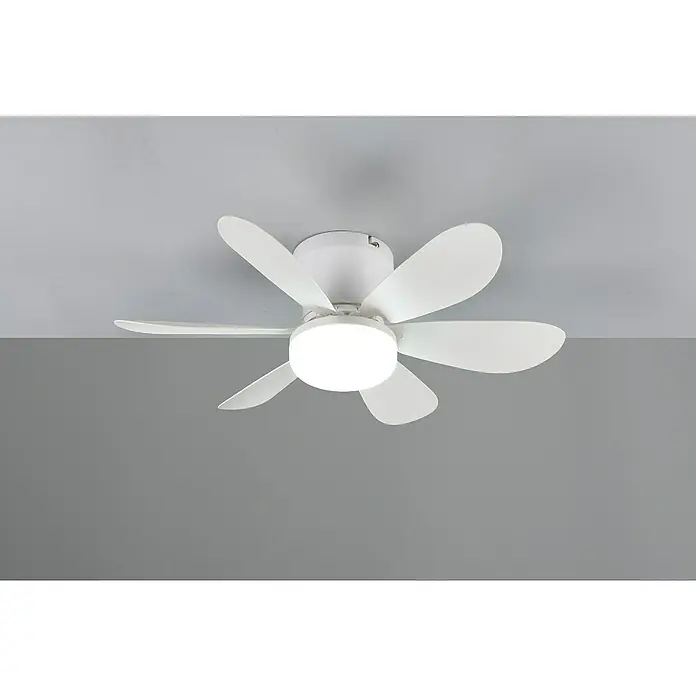 Trio Lighting Ventilador de techo Lund - Blanco, 53 cm, 12 W, Blanco cálido - Una vista de cerca de un ventilador de techo blanco con iluminación LED montado en un techo gris.