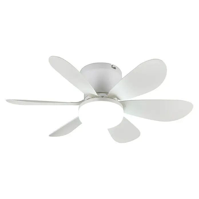 Trio Lighting Ventilador de techo Lund - Blanco, 53 cm, 12 W, Blanco cálido - Primer plano de un ventilador de techo blanco con cinco aspas y luz incorporada sobre un fondo negro.
