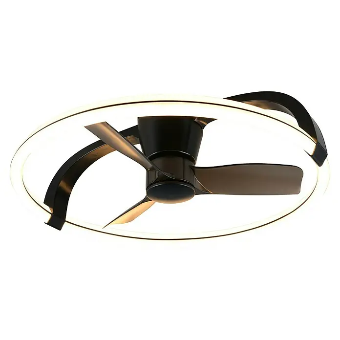 Trio Lighting Ventilador de techo Stockholm - Negro, 73 cm, 37 W, Blanco cálido - Primer plano de un moderno ventilador de techo con anillo de luz LED. El ventilador es negro y tiene tres aspas. La iluminación es brillante y uniforme.