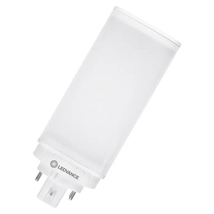 LED-Lampen-Set Dulux - Nicht Dimmbar - Weiße rechteckige LED-Lampe mit Mehrfachstecksockel und LEDVANCE-Logo.