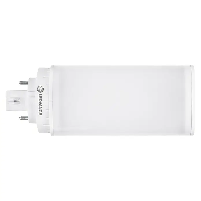 LED-Lampen-Set Dulux - Nicht Dimmbar - Weiße rechteckige LED-Lampe mit zweipoligem Sockel und LEDVANCE Logo.