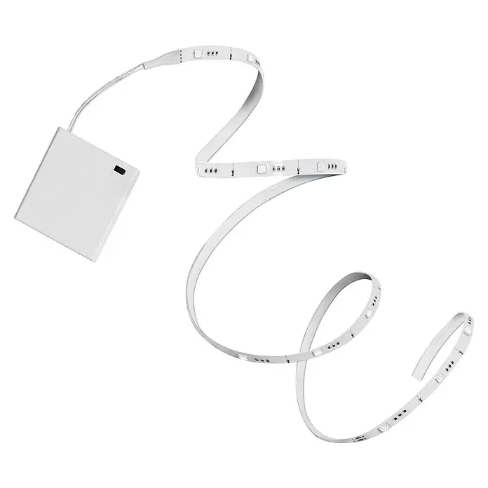 Osram LED-Band - Länge: 500 cm, Lichtfarbe: RGB, 5 W - Weißer LED-Lichtstreifen, verbunden mit einem weißen Batteriefach mit Ein-/Ausschalter.