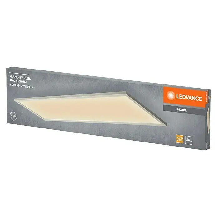 Ledvance LED-Panel Planon Plus - L x B x H: 119,5 x 29,5 x 5 cm, Weiß, Warmweiß - LEDVANCE PLANON PLUS LED-Panel (1200x300mm, 3000K warmes Licht) in grauer, umweltfreundlicher Verpackung.