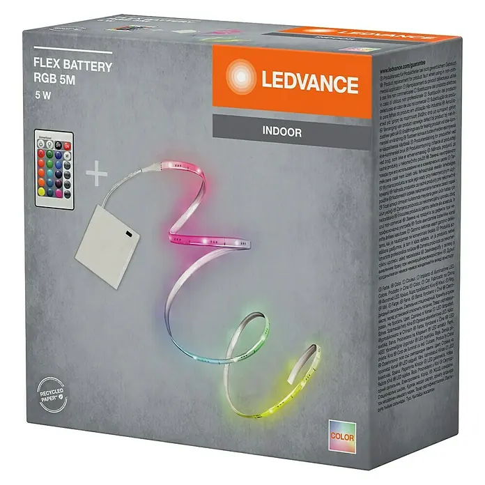 Osram LED-Band - Länge: 500 cm, Lichtfarbe: RGB, 5 W - LEDVANCE FLEX BATTERY RGB 5M 5W LED-Streifenlicht-Set in grauer Produktverpackung, zeigt den farbwechselnden Streifen, Fernbedienung und Akkupack.