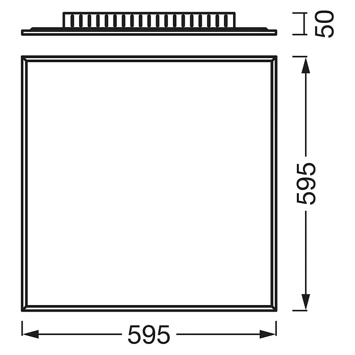 Ledvance LED-Panel Planon Plus - L x B x H: 59,5 x 59,5 x 5 cm, Weiß, Neutralweiß - Technische Zeichnung einer flachen, quadratischen LED-Leuchte, 595x595x50 mm, mit Kühlrippen oben.