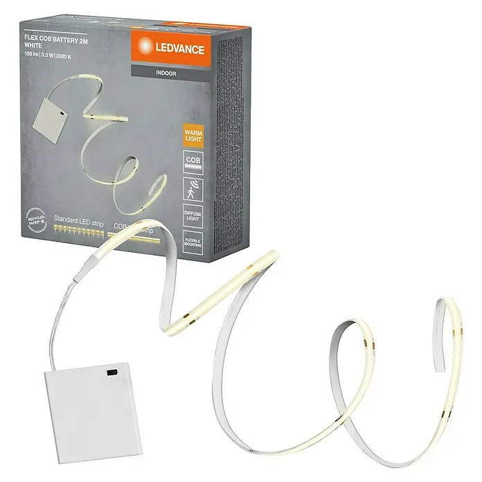 Ledvance LED-Stripes Flex Cob - Länge: 200 cm, Warmweiß, 3,3 W - Flexibler weißer COB LED-Streifen mit Batteriepack und Verpackung.