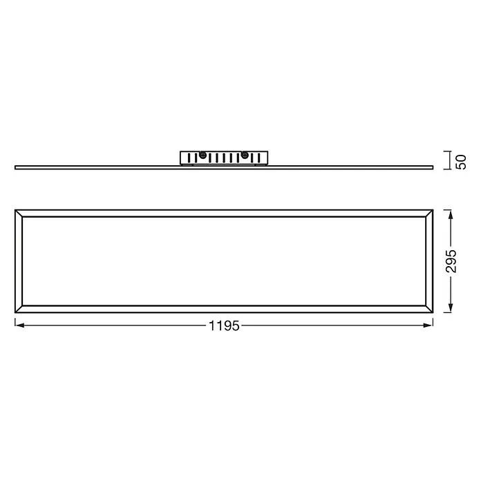Ledvance LED-Panel Planon Plus - L x B x H: 119,5 x 29,5 x 5 cm, Weiß, Warmweiß - Technische Zeichnung einer rechteckigen LED-Flächenleuchte, Maße 1195x295x50mm.