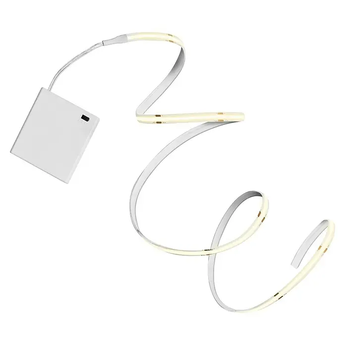 Ledvance LED-Stripes Flex Cob - Länge: 200 cm, Warmweiß, 3,3 W - Flexible, weiß leuchtende LED-Lichtleiste, verbunden mit einer weißen Batteriebox mit Ein/Aus-Schalter.