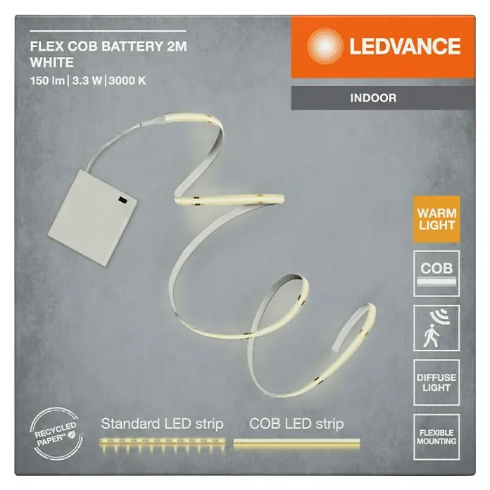 Ledvance LED-Stripes Flex Cob - Länge: 200 cm, Warmweiß, 3,3 W - Weißes, flexibles LEDVANCE COB LED-Band, 2m, mit Batteriepack. Spezifikationen: 150lm, 3.3W, 3000K warmes, diffuses Licht. Zeigt flexible Montage.