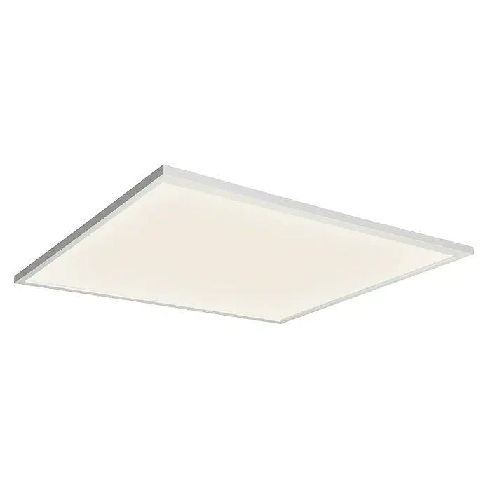 Ledvance LED-Panel Planon Plus - L x B x H: 59,5 x 59,5 x 5 cm, Weiß, Neutralweiß - Rechteckige LED-Panel-Leuchte mit weißem Rahmen und beleuchteter weißer Oberfläche, schräg betrachtet.