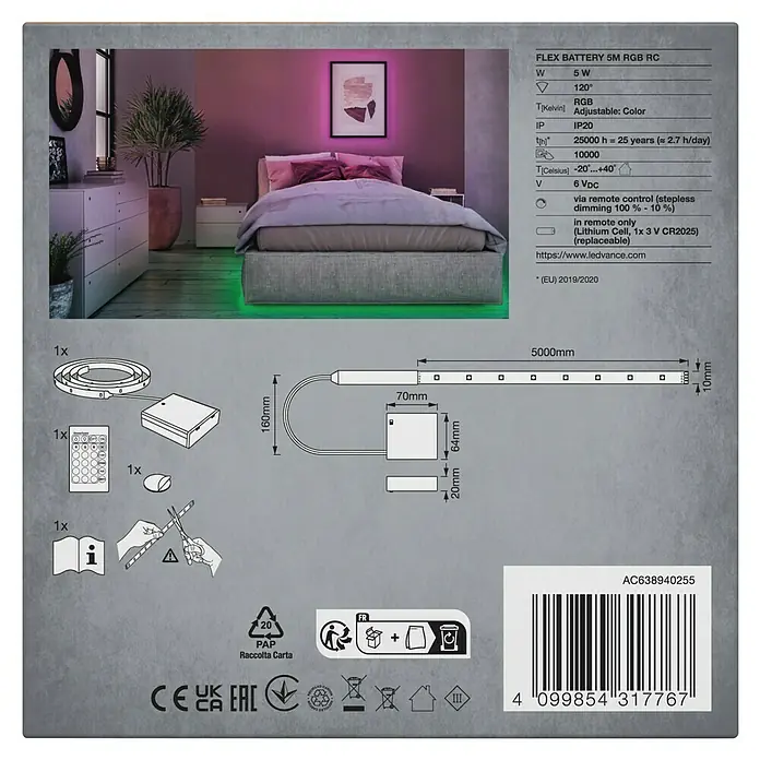 Osram LED-Band - Länge: 500 cm, Lichtfarbe: RGB, 5 W - 5 Meter RGB LED-Streifenlicht-Set mit Fernbedienung, Steuerbox und Batterie, unter einem Bett installiert.