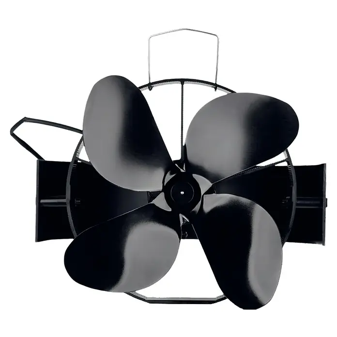 Ofenventilator - Stromlos, Für Rauchrohr - Schwarzer, vierflügeliger Ofenventilator aus Metall mit Griff.
