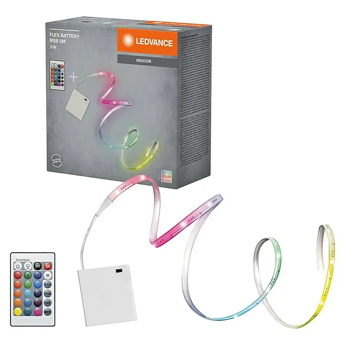 Osram LED-Band - Länge: 500 cm, Lichtfarbe: RGB, 5 W - LEDVANCE FLEX BATTERY RGB 5M LED-Lichtband, mit weißem Batteriepack und Fernbedienung, in mehreren Farben.