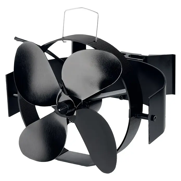 Ofenventilator - Stromlos, Für Rauchrohr - Schwarzer, vierflügeliger, wärmebetriebener Ofenventilator mit Griff.