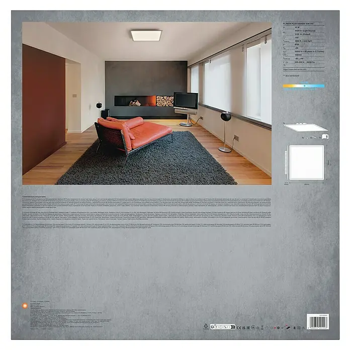 Ledvance LED-Panel Planon Plus - L x B x H: 59,5 x 59,5 x 5 cm, Weiß, Neutralweiß - Quadratische LED-Deckenleuchte in einem modernen Wohnzimmer, die kühles weißes Licht spendet.