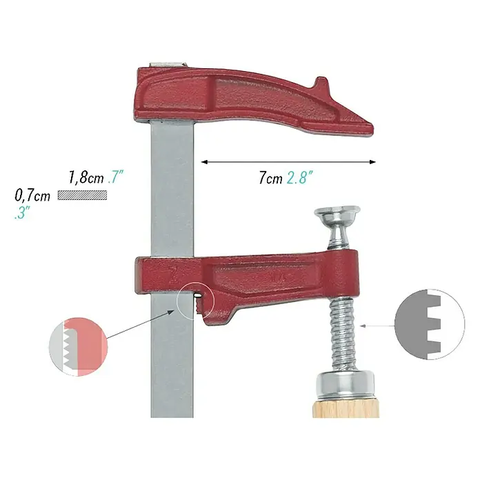 Piher Sargento MM-30 - Anchura de sujeción: 300 mm, Fuerza de tensión: 4.000 N, Apertura máxima: 70 mm - Vista detallada de una abrazadera de barra ajustable con medidas, ideal para asegurar piezas de trabajo.