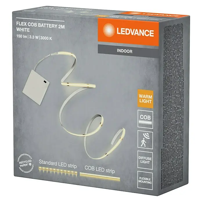 Ledvance LED-Stripes Flex Cob - Länge: 200 cm, Warmweiß, 3,3 W - LEDVANCE FLEX COB weißer Batterie-LED-Streifen in grauer Verpackung, betont warmes, diffuses Licht.