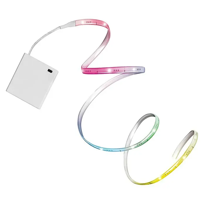 Osram LED-Band - Länge: 500 cm, Lichtfarbe: RGB, 5 W - Ein farbwechselndes LED-Lichtband, angetrieben von einer weißen Batteriebox, das ein lebendiges, fließendes Display erzeugt.