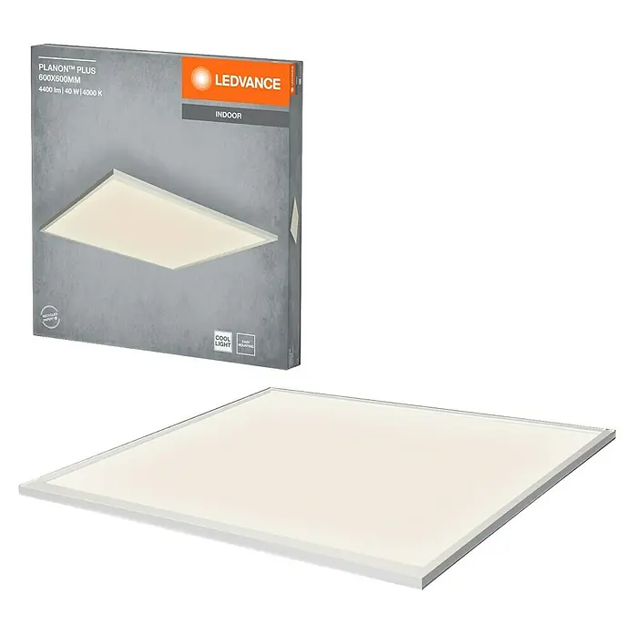 Ledvance LED-Panel Planon Plus - L x B x H: 59,5 x 59,5 x 5 cm, Weiß, Neutralweiß - LEDVANCE PLANON™ PLUS 600x600mm LED-Panel und graue Verpackung, betont Innenbereich, kühles Licht und einfache Montage.