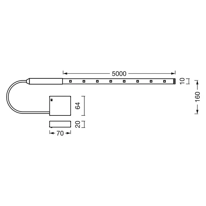 Osram LED-Band - Länge: 500 cm, Lichtfarbe: RGB, 5 W - Technische Zeichnung eines 5m LED-Streifens (10mm breit) mit zugehörigen Steuerungseinheiten. Zeigt präzise Abmessungen.