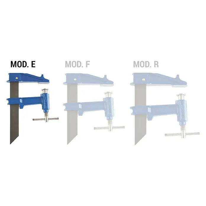 Piher Sargento E-30 - Anchura de sujeción: 300 mm, Fuerza de tensión: 9.000 N, Apertura máxima: 85 mm - Mordaza para herramientas Modelo E: Una mordaza azul robusta con un brazo negro para sujetar piezas de forma segura para un trabajo preciso.