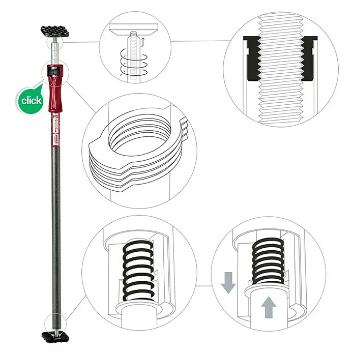Piher Puntal regulable P2 - Anchura de expansión: 95 cm - 170 cm, Rojo/Negro - Diagrama de producto de un sistema de puntales de soporte ajustable con función de "clic" y vistas detalladas de su funcionamiento.