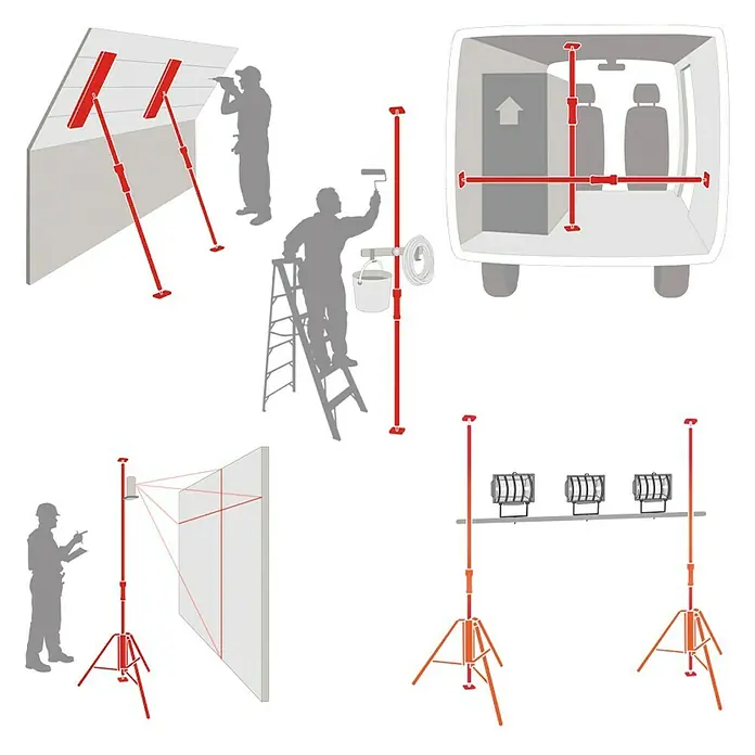 Piher Puntal regulable P2 - Anchura de expansión: 95 cm - 170 cm, Rojo/Negro - Ilustración de varias aplicaciones del poste telescópico, como la fijación de herramientas, la sujeción de focos de construcción o la fijación en la furgoneta.