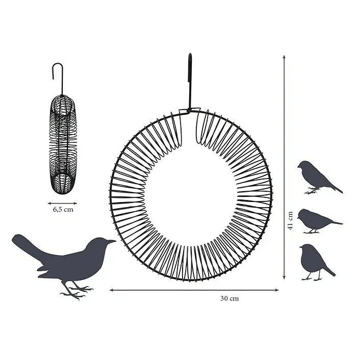 Dobar Riesenfutterring Bankett - 41 x 30 x 6,5 cm - Abbildung eines runden Futterspenders mit den Maßen 41 x 30 cm und einem schmalen Futterspender mit 6,5 cm Durchmesser, daneben Vogelsilhouetten.