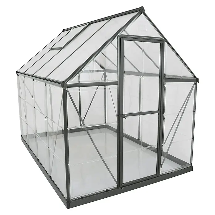 Palram – Canopia Gewächshaus Hybrid - Außenmaß inkl. Dachüberstand (B x T): 185 x 246 cm, 0,7 mm, Anthrazit - Ansicht eines Gewächshauses mit grauen Rahmen und durchsichtigen Paneelen, ideal für den Gartenanbau.