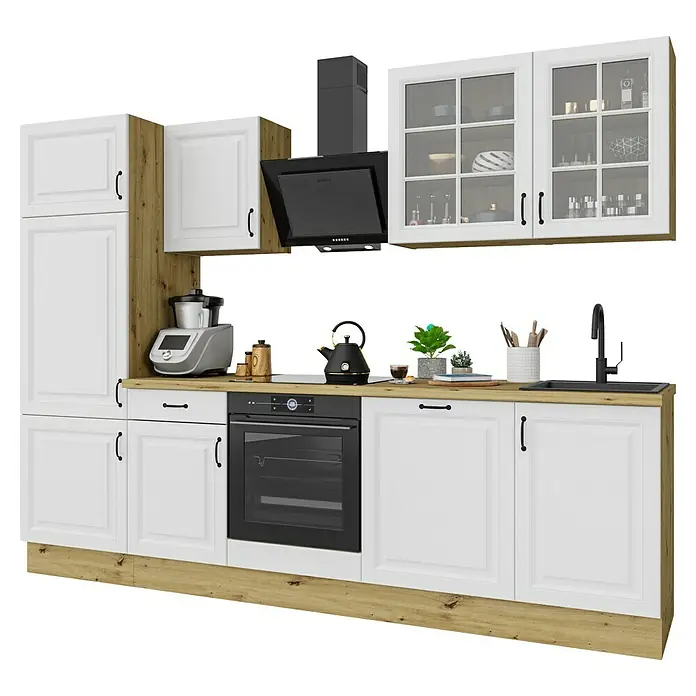 Stolarz-Lempert Küchenleerblock Stina - Breite: 280 cm, Weiß, Ohne Elektrogeräte - Moderne weiße Küche mit Holzdetails, schwarzen Geräten, Glasschränken, Herd, Spüle und Deko.