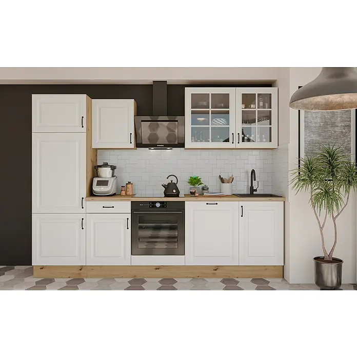 Stolarz-Lempert Küchenleerblock Stina - Breite: 280 cm, Weiß, Ohne Elektrogeräte - Eine moderne Küche in Weiß mit Holzdetails, inklusive Geräten und Zubehör, präsentiert ein stilvolles und funktionales Design.