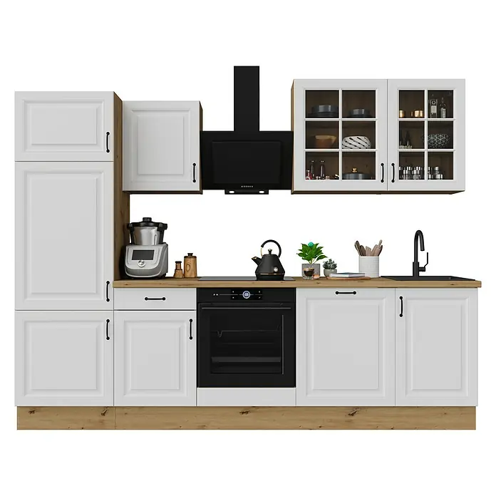Stolarz-Lempert Küchenleerblock Stina - Breite: 280 cm, Weiß, Ohne Elektrogeräte - Weiße Küchenschränke mit hellen Holzdetails, schwarzen Geräten und einer Holztheke. Inklusive Backofen, Spüle und Dunstabzugshaube.