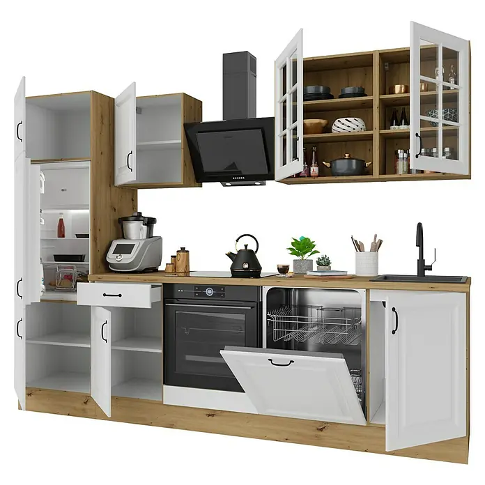 Stolarz-Lempert Küchenleerblock Stina - Breite: 280 cm, Weiß, Ohne Elektrogeräte - Moderne Küche mit weißen Schrankfronten, hellen Holzelementen und schwarzen Einbaugeräten wie Backofen, Kühlschrank und Geschirrspüler.