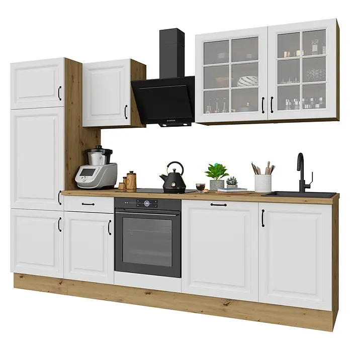 Stolarz-Lempert Küchenleerblock Stina - Breite: 280 cm, Weiß, Ohne Elektrogeräte - Weiß-Holz Küchenzeile mit schwarzen Geräten und Accessoires, inklusive Hängeschränken, Arbeitsplatte, Backofen, Spüle und Dunstabzugshaube.