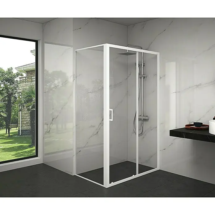 Aurlane Eckdusche Factory - 120 x 80 x 200 cm, Beschichtet, Weiß, Glasstärke: 6 mm, DIN Anschlag: Links/Rechts - Duschkabine mit weißem Rahmen und Klarglas in einem modernen Badezimmer.