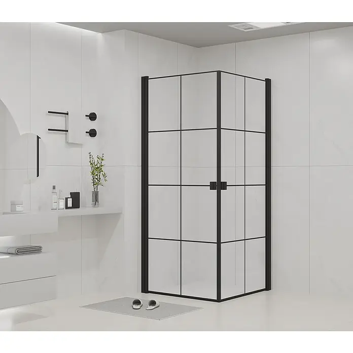 Aurlane Eckdusche Galaxy - 90 x 90 x 200 cm, Beschichtet, Schwarz, Glasstärke: 5 mm - Schwarze Gitterduschkabine in einem modernen Badezimmer.