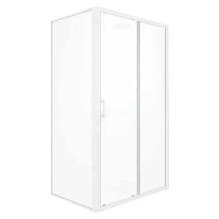 Aurlane Eckdusche Factory - 120 x 80 x 200 cm, Beschichtet, Weiß, Glasstärke: 6 mm, DIN Anschlag: Links/Rechts - Weiße Duschkabine mit Glasschiebetüren und Metallrahmen.