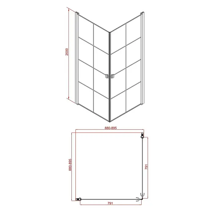 Aurlane Eckdusche Galaxy - 90 x 90 x 200 cm, Beschichtet, Schwarz, Glasstärke: 5 mm - Eckduschkabine mit Gitterdesign und Doppeltüren, 2000mm hoch. Maße 880-895mm x 791mm.